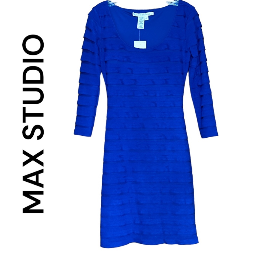 NEW MAX STUDIO Blue Tiered Ruffle 3/4 Sleeve Midi Bodycon Dress XS